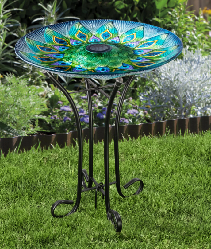 Teamson Home - 17.8" Outdoor Hand Painted Peacock Glass Birdbath with LED