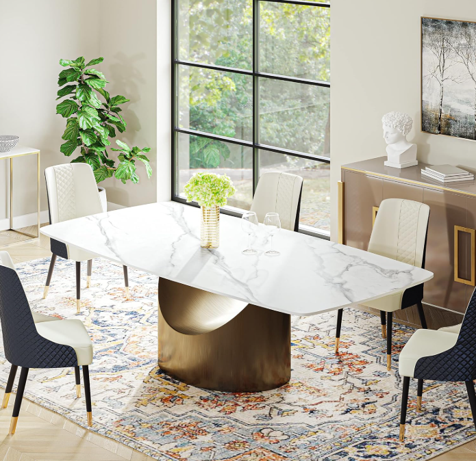Modern Dining Table - 79'' Sintered Stone White Dining Room Table - With Bronze Carbon Steel Base