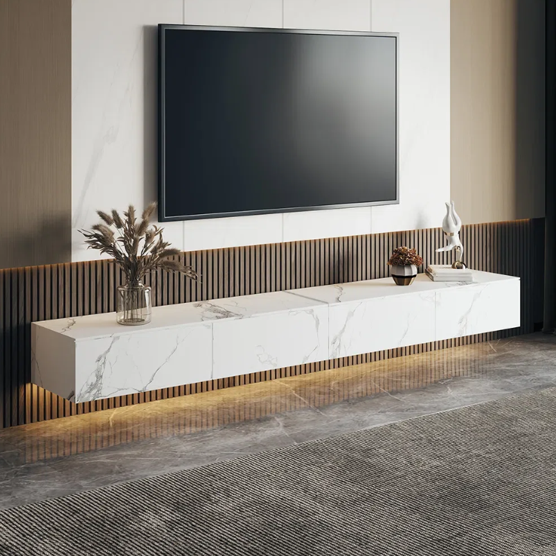 Orren Ellis - Modern Floating TV Stand - Faux Marble Wall-Mounted Media Console - White