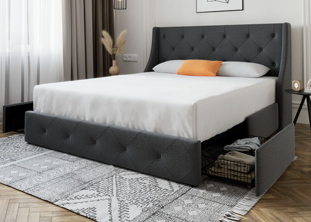 Double - Upholstered Storage Bed with 4 Drawers and Wingback Headboard - Grey