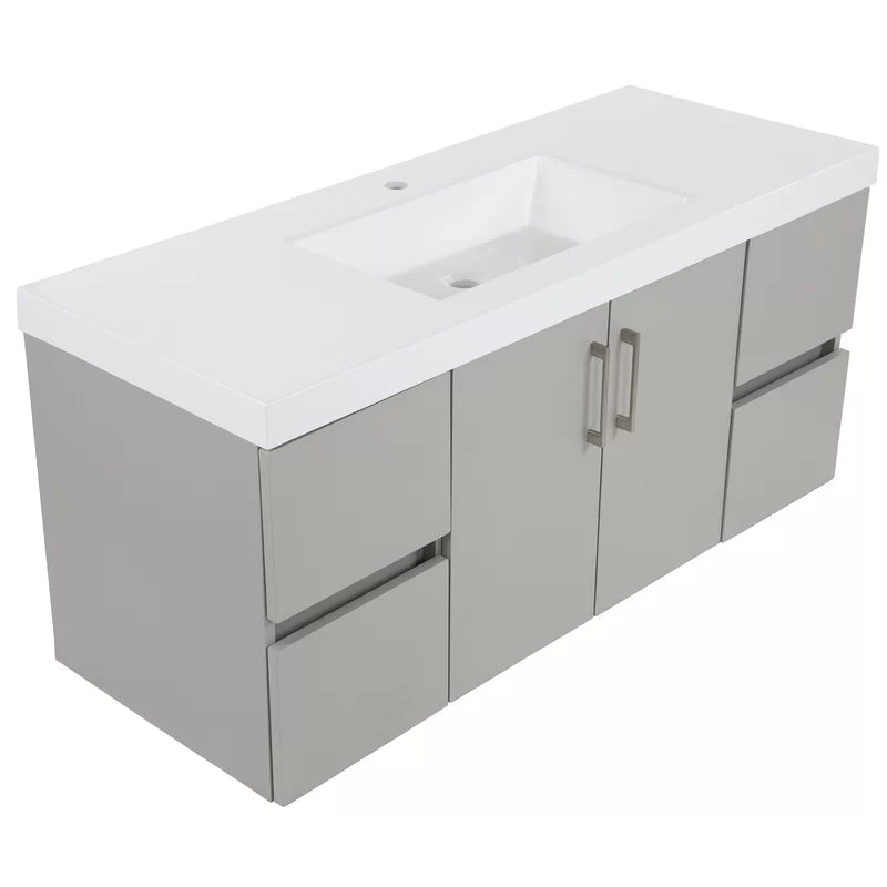 SIA Grey - 48.5" Wall-Mounted Single Bathroom Vanity With Marble Top