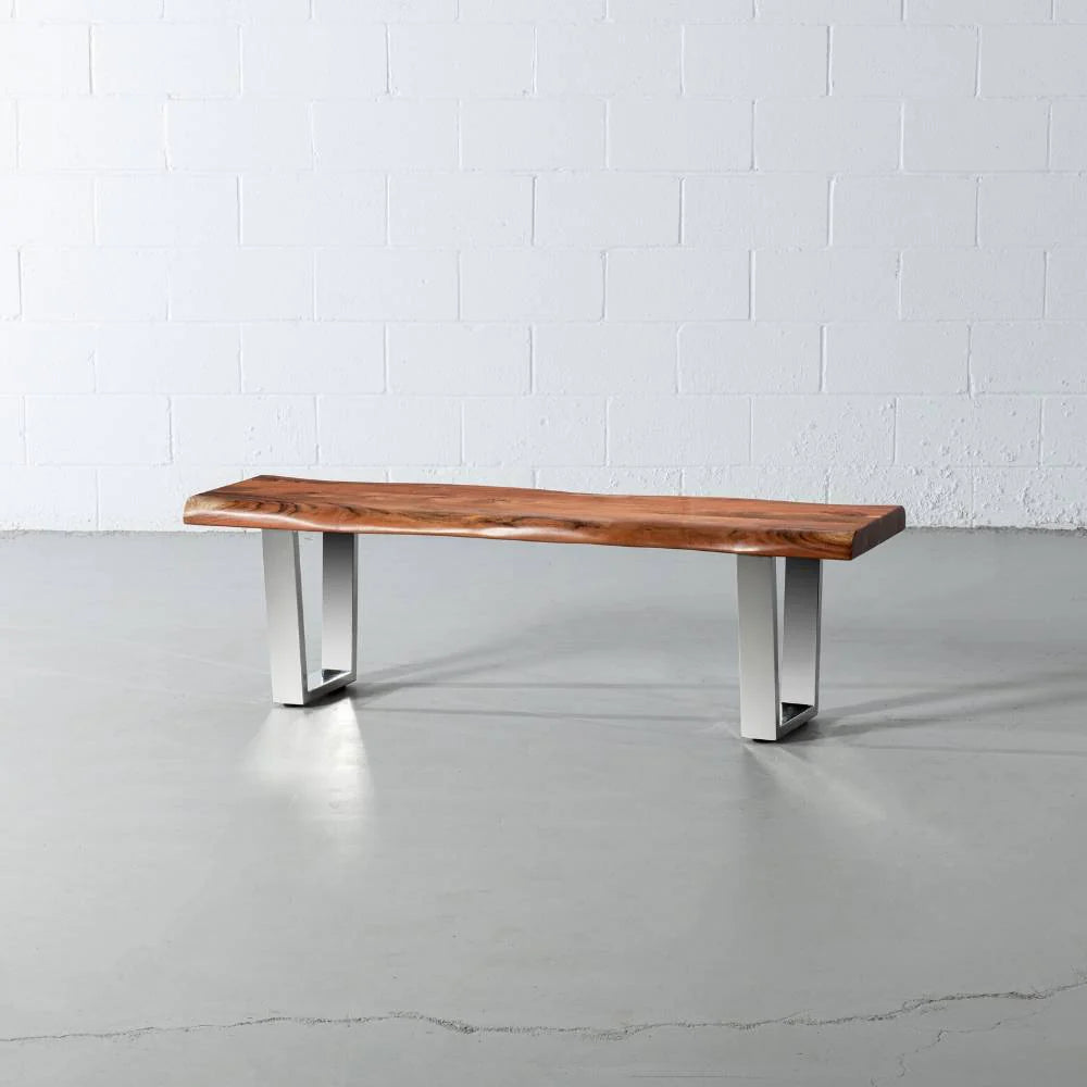 Banc en bois d'acacia Live Edge avec pieds en U chromés/Finition naturelle