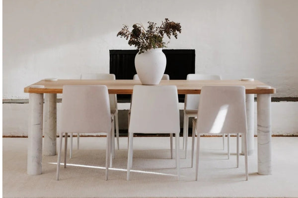 Table à manger en chêne naturel + poteau en marbre