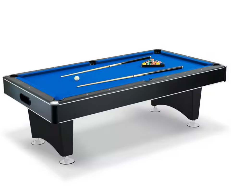 8 ft. Pool Table with Blue Felt, Internal Bal Pool Cues and Chalk