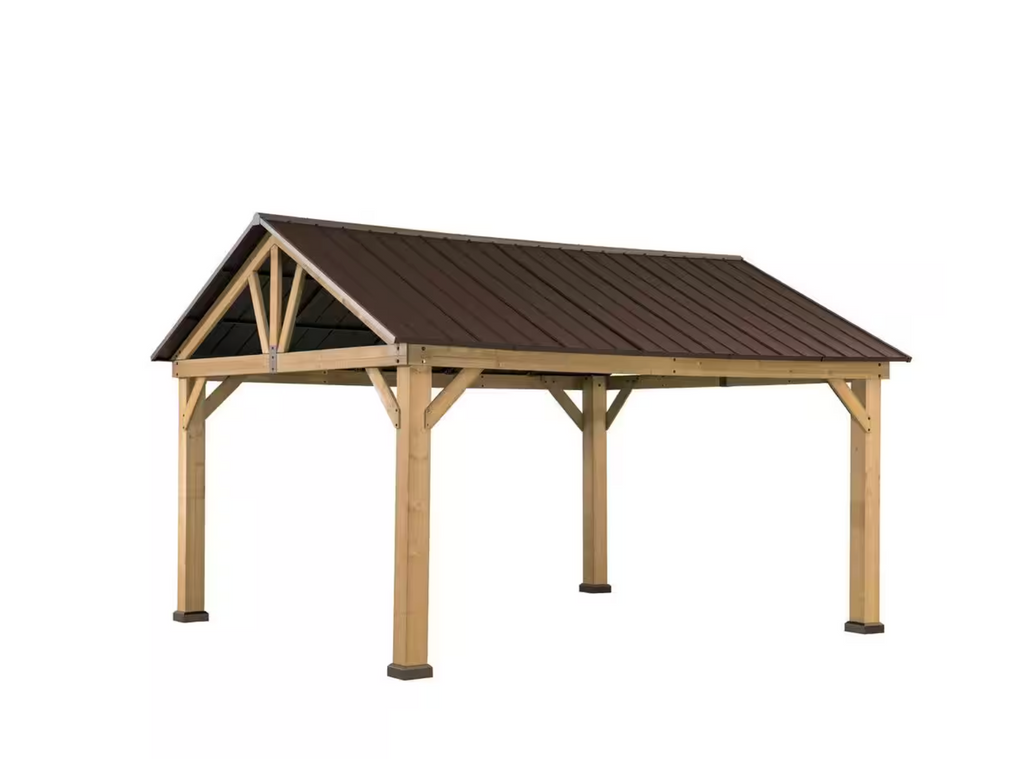 Gazebo avec toit rigide à pignon en acier brun