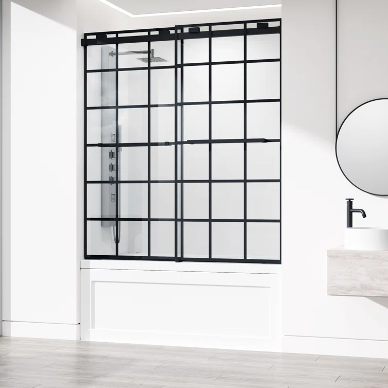 Porte de baignoire double coulissante sans cadre 56-60" L x 66" H avec verre clair à grille 3/8"