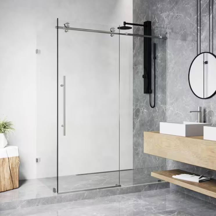 Vigo - Elan E-Class 35 in. L x 46 in. W x 76 in. H Frameless Sliding Shower Enclosure in Stainless Steel