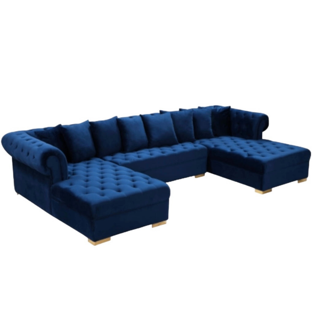 3-Piece Sectional Sofa in Tufted Navy Blue Velvet