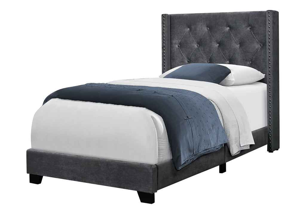 Modern Bed with Tufted Velvet Headboard in Charcoal Gray