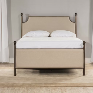 King Metal and Upholstered Bed, Bronze with Linen Stone Fabric