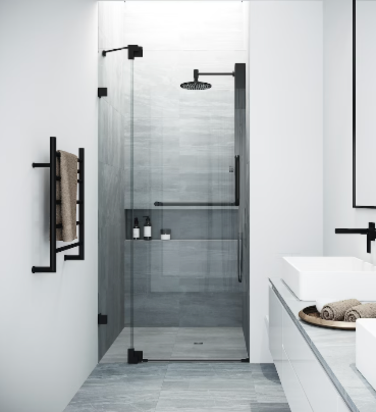 36 to 42 in. x 72 in. Frameless Pivot Shower Door in Matte Black with Clear Glass and Handle