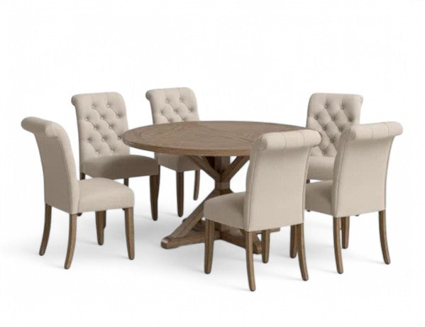 AMERIGA - Round Dining Table - 6 Tufted Chairs