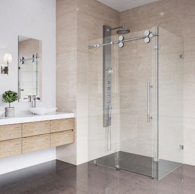 VIGO - Winslow - 35L x 46W x 74H in. Frameless Sliding Rectangle Corner Shower Kit in Chrome with 3/8 Clear Glass