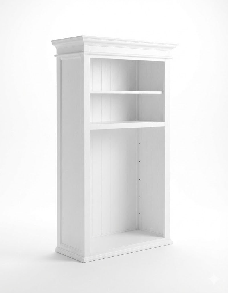 White Wooden Shelving Unit – Crown Molding Design